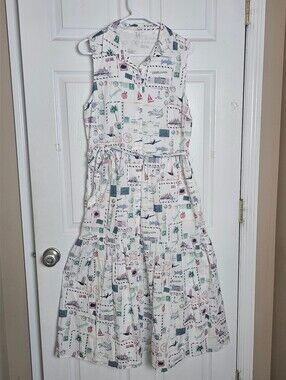 J.Crew Factory Women's Map Print Collared Midi Dress Size 10 Sleeveless Pockets